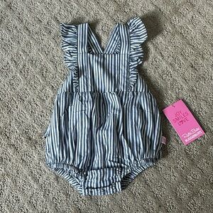 NWT Ruffle Butts baby girl flutter overall ruffled romper in navy stripe